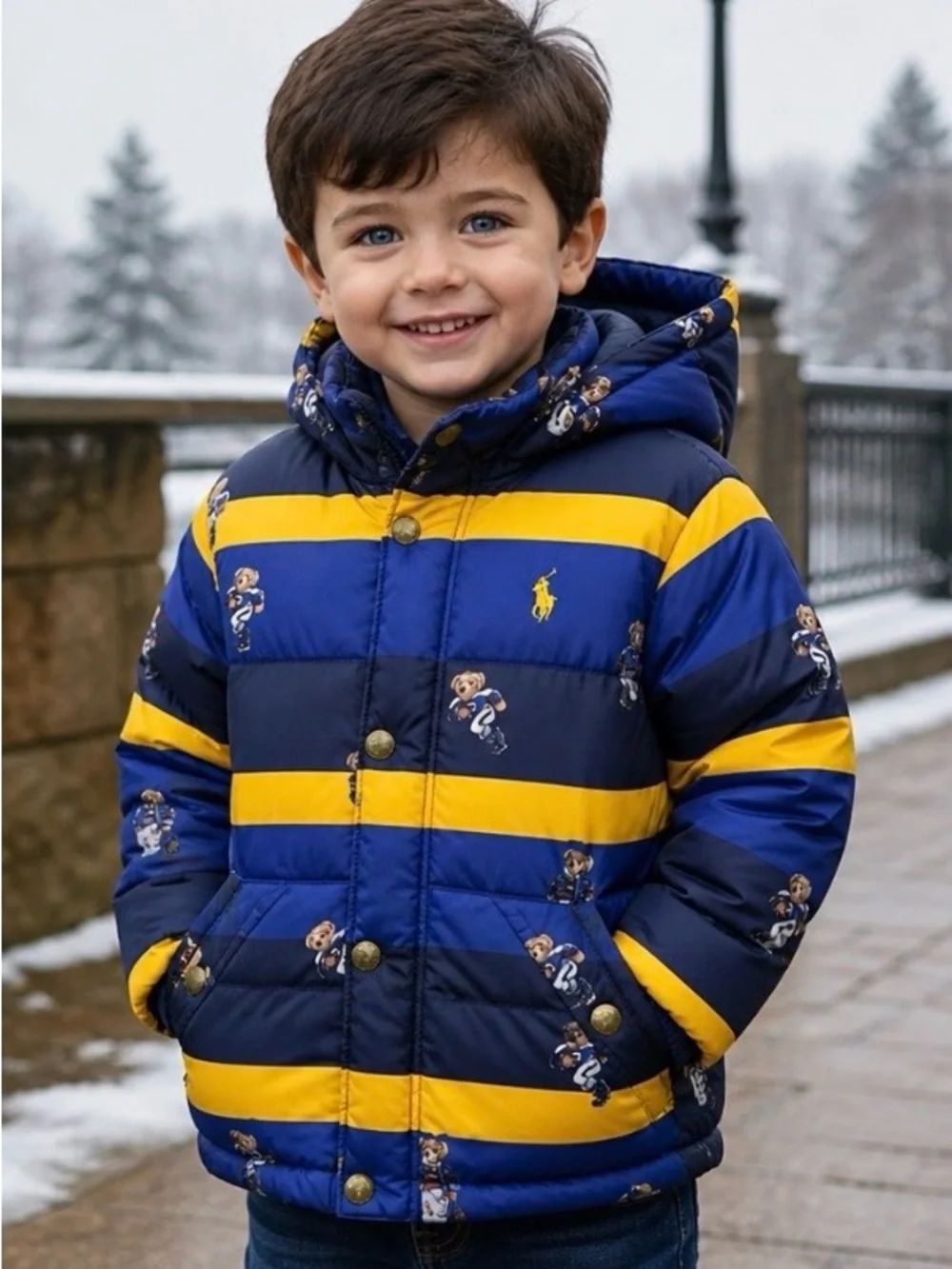 Polo Ralph Lauren Striped Allover Bear Print Puffer Jacket in Navy Yellow 4T